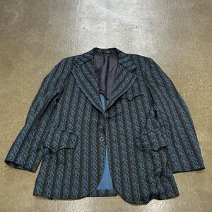 Boho Blazer Jacket Mens Medium Black Blue Striped Patterned Pockets Lined